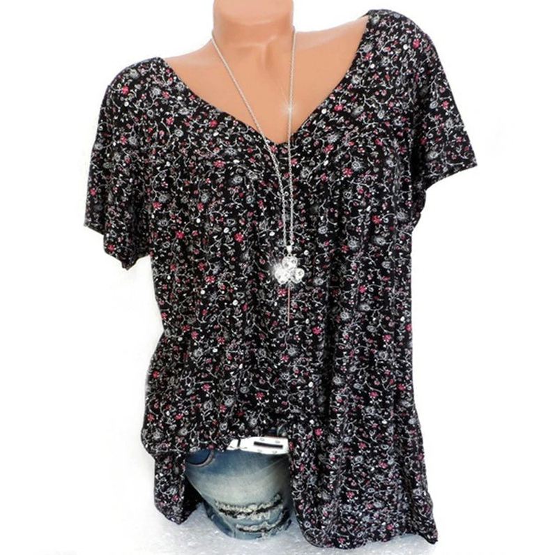 Summer V-neck Loose Short Sleeve Casual Women's T-shirt